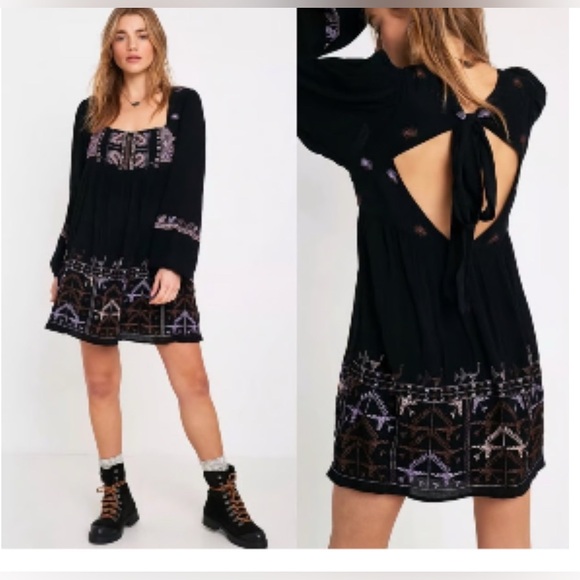 free people movement Dresses & Skirts - Free People RHIANNON EMBROIDERED PEASANT MINI DRESS BLACK